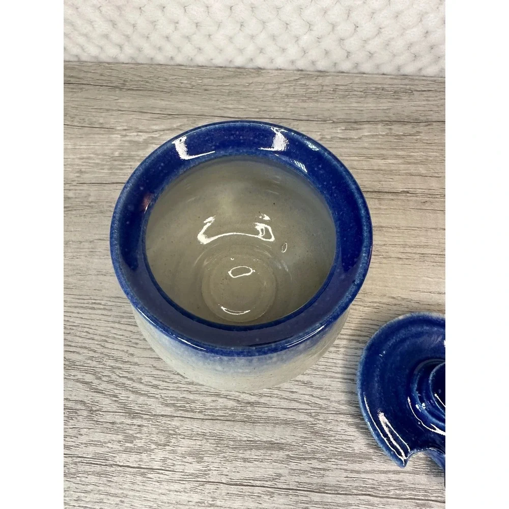 Johnson Studio Pottery Blueberry Stoneware Honey Pot with chipped Lid Blue Cream